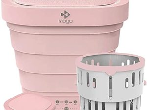 MOYU Mini Portable Bucket Washer Foldable Washing Machine with Soft Spin Dry and Drainage Pipe Pink (English User manual and button labels)